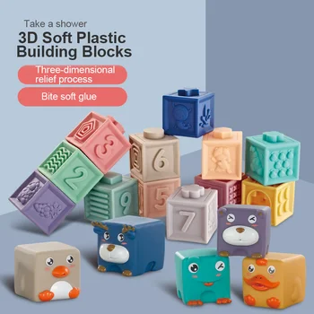 12шт 3D силиконовых строительных блоков для сенсорных звуковых игрушек, мультяшных животных для раннего образования, Мягкая игрушка-головоломка для ванной 2
