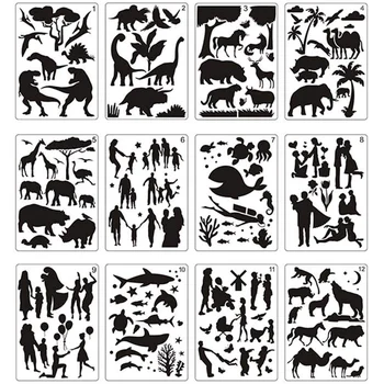 12шт шаблонов для рисования мандалы, Идеальные трафареты для рисования животных, полая доска для рисования своими руками 17
