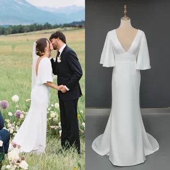 13787 # 100% Реальные фотографии, простой шлейф, свадебное платье с V-образным вырезом и открытой спиной, свадебное платье с мягким пятном