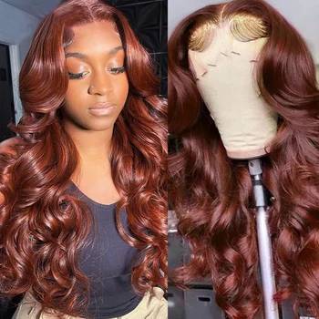 13x4 Красновато-коричневые парики из человеческих волос, объемные кружевные фронтальные парики # 33 цвета, Бразильские волнистые кружевные парики для чернокожих женщин 9