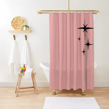 1950-е Атомный век, ретро-вспышки звезд в 50-х, розово-черная занавеска для душа, забавный набор занавесок для ванной комнаты 14