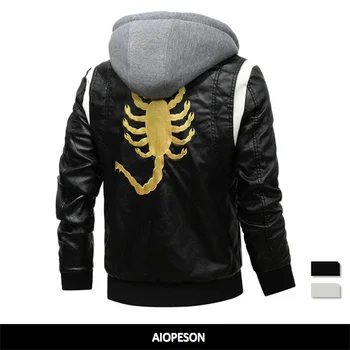 2021 Новая Весенняя Кожаная Мужская куртка Со Съемным Капюшоном С Вышивкой Скорпиона Мотоциклетная куртка Мужская Slim Fit Кожаные Мужские куртки 1