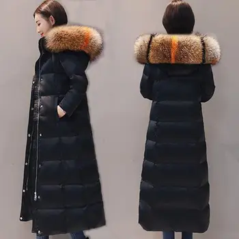 2023 Женская Новая Пуховая хлопчатобумажная куртка средней длины, Утолщенное зимнее пальто С меховым воротником и капюшоном, женское пальто, длинная куртка 10