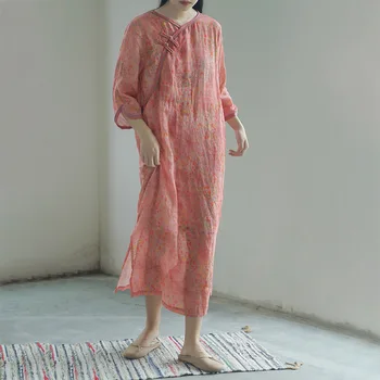 2023 Женское Винтажное Весенне-летнее длинное элегантное платье Чонсам с принтом в китайском стиле, Восточное Женское элегантное платье Ципао, Vestido Robe