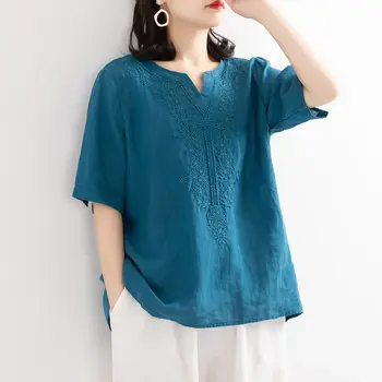 2023 летняя женская винтажная хлопковая льняная футболка с художественной вышивкой, свободный v-образный вырез, однотонный топ с коротким рукавом, китайская изящная блузка ципао