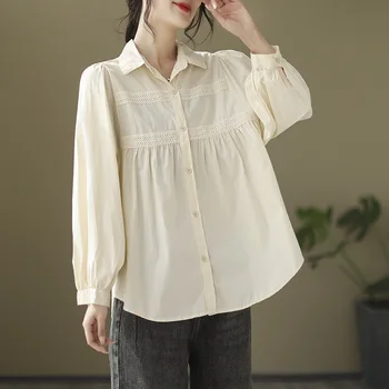 2023 Новая женская модная кружевная рубашка из 100% хлопка, модный дизайн, свободная блузка с длинным рукавом, Camisas De Mujer 1