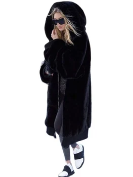 2023 Новое зимнее длинное меховое пальто оверсайз с капюшоном, парка, теплое толстое пушистое длинное пальто из искусственного меха, женская свободная повседневная плюшевая куртка 3
