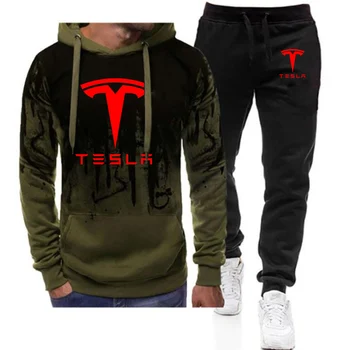 2023, Новые весенне-осенние мужские толстовки с капюшоном градиентного цвета с логотипом Tesla, топы + Повседневные спортивные штаны, Удобные индивидуальные комплекты