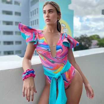 2023 Новый сексуальный цельный купальник с цветочным принтом и рюшами, женский однотонный пляжный костюм с глубоким V-образным вырезом, летний купальник Monkini 10