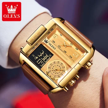 2023 Оригинальные мужские наручные часы OLEVS New с большим циферблатом из золота, кварцевые Цифровые водонепроницаемые часы для мужчин, модные спортивные квадратные мужские часы