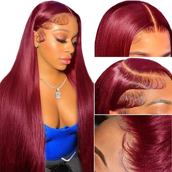 220 “Бордовый 99J 13x4 прямой парик с кружевом спереди HD Прозрачный парик с кружевом спереди Бразильские парики из человеческих волос красного цвета для женщин 4