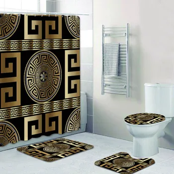 3D Роскошный Черный Золотой Греческий Ключ Меандр Занавески для ванной Набор штор для душа для ванной комнаты Современный Геометрический Декоративный коврик для ванной 7