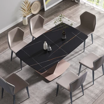 63-дюймовый обеденный стол из современного искусственного камня с черной изогнутой металлической ножкой на 6 персон, легко моющийся, экономящий пространство, высокая несущая способность. 11