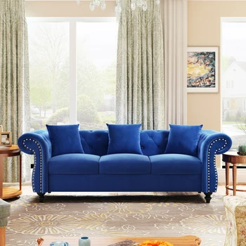 80-дюймовый диван Chesterfield, обитый тафтинговым бархатом, 3-местный диван с изогнутыми подлокотниками с украшением в виде гвоздей, в комплекте 3 подушки 13