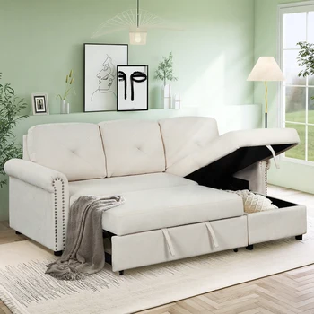 83-дюймовый современный раскладной диван-кровать, 3-местный угловой диван L-образной формы с шезлонгом для хранения вещей 8