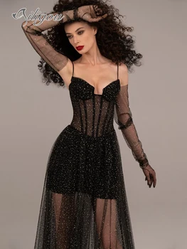 Ailigou 2023, Новое женское черное платье на бретельках без рукавов, сверкающее сетчатое платье на длинном ремешке, перчатки, Бесплатное клубное платье для вечеринки 7