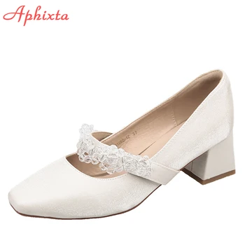 Aphixta/ роскошные женские туфли на высоком каблуке с цепочкой и кристаллами, туфли на квадратном каблуке 5 см, весенние элегантные офисные туфли-лодочки на резиновой подошве