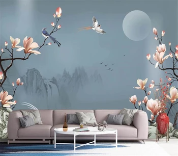 Beibehang Индивидуальные обои, 3D Современная декоративная живопись, Новый китайский Пейзаж, Цветок Магнолии, серия птиц, Фоновая стена 11