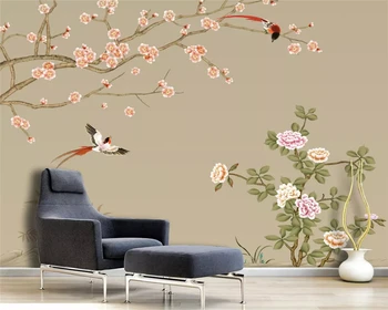 beibehang Обои на заказ домашний декор современный минимализм ручная роспись цветы птицы Обои на фоне китайского телевизора behang 13