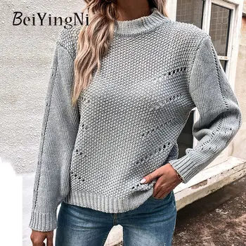 Beiyingni 2022 Осенне-зимний Свитер для женщин, однотонный пуловер с длинным рукавом, женский повседневный Винтажный Бежевый Свободный джемпер 1