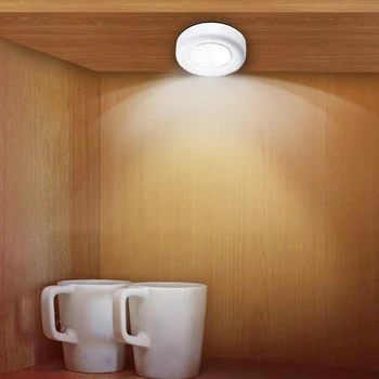 COB Круглый светодиодный светильник под шкафом, Нажимной выключатель, настенный светильник, Шкаф, Гардероб, Кухонный светильник, Липкий ночник 