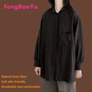 Fengbaoyu Льняная Весенне-Осенняя Женская Рубашка С Отворотом И Длинными рукавами, Свободный Темперамент, Черный 5XL, Уличная Одежда Для Отдыха, Корейская Мода 9