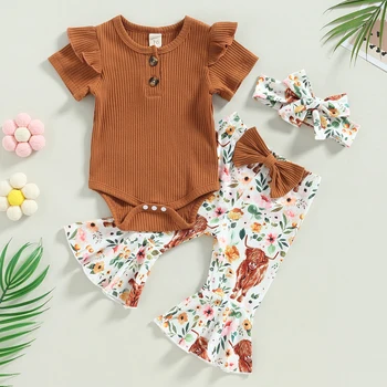 FOCUSNORM, комплект одежды для новорожденных девочек из 3 предметов, Летний комбинезон в рубчик с короткими рукавами, Расклешенные брюки с цветочным рисунком, повязка на голову
