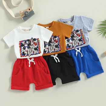 FOCUSNORM, Комплекты одежды для мальчиков из 2 предметов, от 0 до 3 лет, футболка с принтом коровьей головы с коротким рукавом и короткими штанами на шнурке, комплект одежды 5