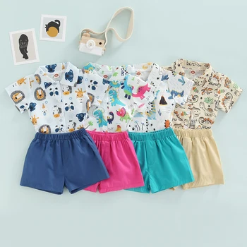 FOCUSNORM / Летние комплекты одежды для мальчиков от 0 до 4 лет из 2 предметов, однобортные рубашки с принтом динозавра, Топы + однотонные шорты, 4 цвета