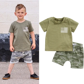 FOCUSNORM, Летние повседневные комплекты одежды для маленьких мальчиков от 0 до 4 лет, 2 шт. Топы с коротким рукавом и принтом флага + камуфляжные шорты на завязках 17