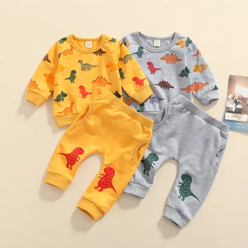 FOCUSNORM/ Осенние повседневные комплекты одежды из 2 предметов для маленьких мальчиков 0-24 м, толстовка с длинными рукавами и принтом динозавра, топы, брюки