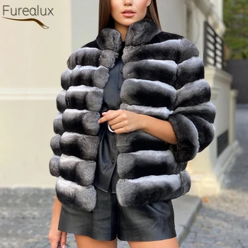 FUREALUX Fashion Аутентичная шуба из натурального меха кролика Рекс, Женская теплая меховая куртка, Уличный стиль, темперамент, одежда в полоску с лацканами. 6