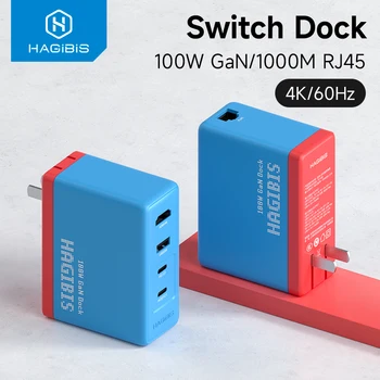 Hagibis Switch Dock 100 Вт Быстрое зарядное устройство GaN Power 4K HDMI-совместимая Док-станция RJ45 для ноутбука Nintendo Switch ROG Ally мощностью 30 Вт 6