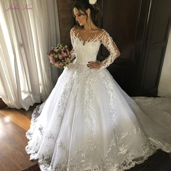 Julia Kui Великолепный овальный вырез свадебного платья А-силуэта с длинным рукавом со шлейфом 8