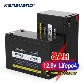 Kanavano Lifepo4 Аккумуляторная Батарея 12V 8Ah С Глубоким Циклом Перезаряжаемая Батарея 12,8 V Встроенная BMS Для Радиоуправляемых Игрушек Накопитель энергии 2A Chargerr