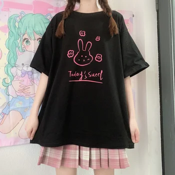 Kawaii E-girl Y2K rabbit С графическими оборками на подоле Ярко-розовые футболки в стиле Панк 90-х, Уличная одежда, Топ с коротким рукавом, ярко-розовая футболка Harajuku 9