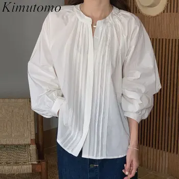 Kimutomo, Элегантная однотонная рубашка со свободными складками, Нежный О-образный вырез, кружевные рукава-фонарики, Одинарная грудь, Простая универсальная блузка 15