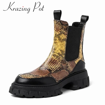 Krazing Pot/ Модные ботинки из коровьей спилка 2023, круглый носок, средний каблук, Змеевидная платформа, Нишевые ботильоны без застежки, Ниша, индивидуальность 5