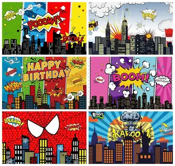 Laeacco Super City Backgrounds, Мультяшный супергерой, Современный городской пейзаж, Детский портрет на день рождения, Индивидуальный фон для фотосъемки 4