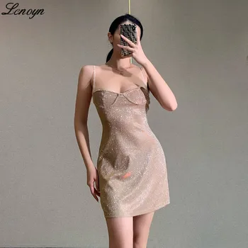 Lenoyn Летнее новое сверкающее розовое платье с бриллиантовым ремешком, темпераментное приталенное вечернее платье с ремешком, короткая юбка 2