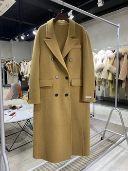 OFTBUY 2023 X-Длинное двубортное пальто из натурального меха, зимняя куртка, женские смеси кашемира и шерсти, свободная теплая плотная верхняя одежда, Новая мода 3
