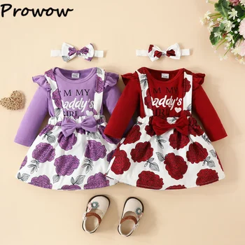 Prowow 0-18 м, весенне-осеннее платье для маленьких девочек, комбинезон с длинными рукавами и буквами + платья с бантом, комплекты из 3 предметов для девочек, одежда 4