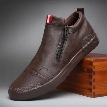 Qmaigie, мужская обувь элитного бренда, зимняя модная мужская обувь с двойной молнией, кожаные высокие топы, Мокасины на плоской подошве, обувь для скейтборда 13