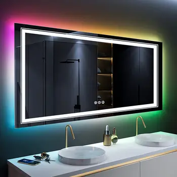 RGB LED Зеркало для ванной Комнаты, Большое Туалетное Зеркало с Подсветкой, Настенное Зеркало с RGB Подсветкой, Антизапотевающее, Регулируемое, CRI 90