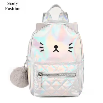 SCOFY Модный детский рюкзак с милым мини-котом для девочек, сумка для книг в детском саду, лазерная многоцветная мультяшная дорожная сумка с меховым шариком 5