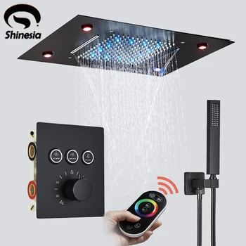 Shinesia Черный Термостат для скрытого душа с дождевой насадкой, светодиодная скрытая душевая система, водопад, Встроенный смеситель для душа, пульт дистанционного управления 1