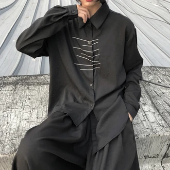 SuperAen Черная Японская свободная рубашка неправильной формы с длинными рукавами, уличная одежда большого размера, женские рубашки