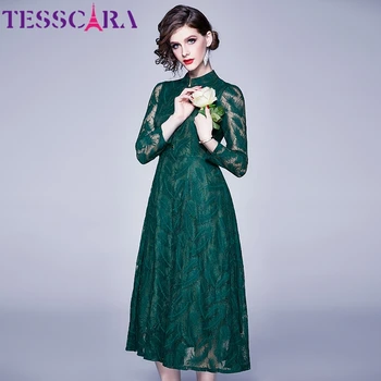 TESSCARA, Женское Весенне-осеннее Длинное Элегантное Кружевное платье-рубашка, высококачественный Коктейльный халат для вечеринки, Женский Винтажный Дизайнер, Vestidos