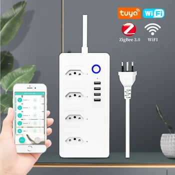 Tuya Wifi / ZigBee Smart Brazil Power Strip 4 розетки, 4 порта USB, Удлинитель 1,5 м, умная розетка с голосовым управлением Alexa Google Home 6