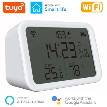 Tuya WIFI Датчик температуры влажности Детектор освещенности Люкс Время Будильник Термометр ЖК-экран Умный дом Работает Alexa Google 11
